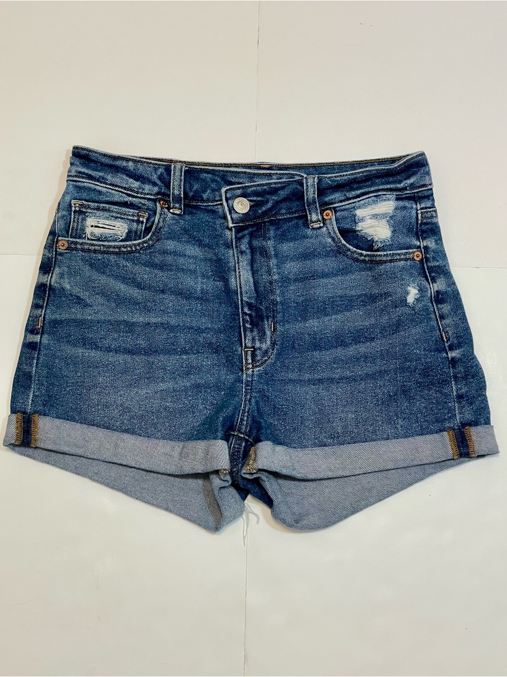 American Eagle Women's Blue Denim Distressed Rolled Hem Shorts Size 2